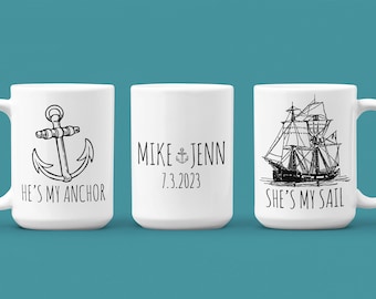 Personalized Nautical Wedding Mug Set, He's My Anchor She's My Sail, Beach Wedding, Engagement Anniversary Gift, Husband Wife Mugs,