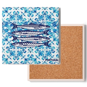 Portugal Sardines Ceramic Coaster: Portuguese Floral Tile, Cork Back
