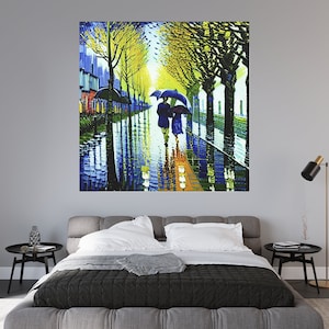 Rainy Day Wall Art, High Quality Matte Canvas, Couple Walking in Rain, Abstract Rainy City Street Wall Hanging, Colorful Puddle Reflections