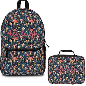 Personalized Forest Fairies Backpack and Matching Insulated Lunch Bag, Fairy Fantasy Bookbag, Cute Magical Mushrooms Knapsack
