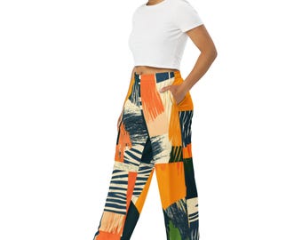 Abstract Geometric Patterned Unisex Wide Leg Pants with Pockets, Premium Quality Abstract African Print Pants, Festival Concert Pants