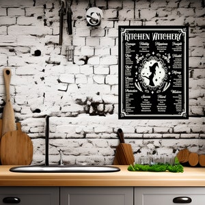 May include: Black and white kitchen witchery chart with a silhouette of a witch holding a cauldron. The chart lists herbs and spices for different intentions, such as courage, love, peace, protection, success, travel, and wisdom.