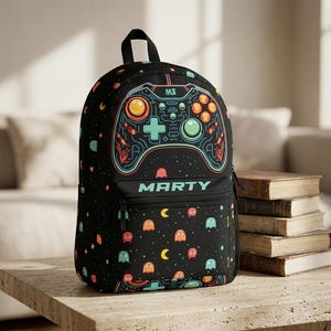 Personalized Gamer Backpack Set: Custom Retro Arcade Lunch Bag, 20oz Insulated Tumbler, 3 Piece Back to School Gaming Gift Set