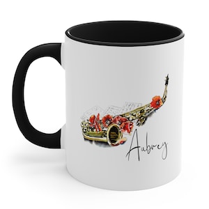 Personalized Saxophone Mug, Custom Name Mug, Saxophone Player Gift, Watercolor Saxophone and Poppy Flowers, Graduate Gift for Music Major