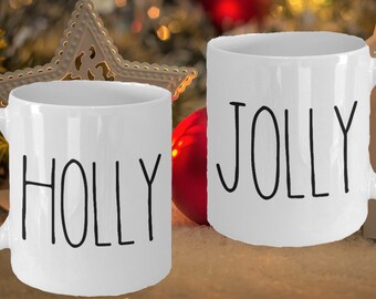 Holly Jolly Christmas Mug Set, Minimalist, Skinny Font, Holly Mug, Jolly Mug, Coffee Mugs, Christmas Cups, One Worded Mugs