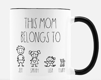 This Mom Belongs To, Personalized Family Coffee Mug, Stick Figure Family, Minimalist, Mom Gifts, Cute Mom Mug, Family Mug, Custom Names