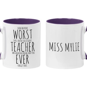 PERSONALIZED Funny Teacher Mug, Worst Teacher Ever, Read Between the Lines, Teacher Appreciation, Meaningful Teacher Gifts Purple / White