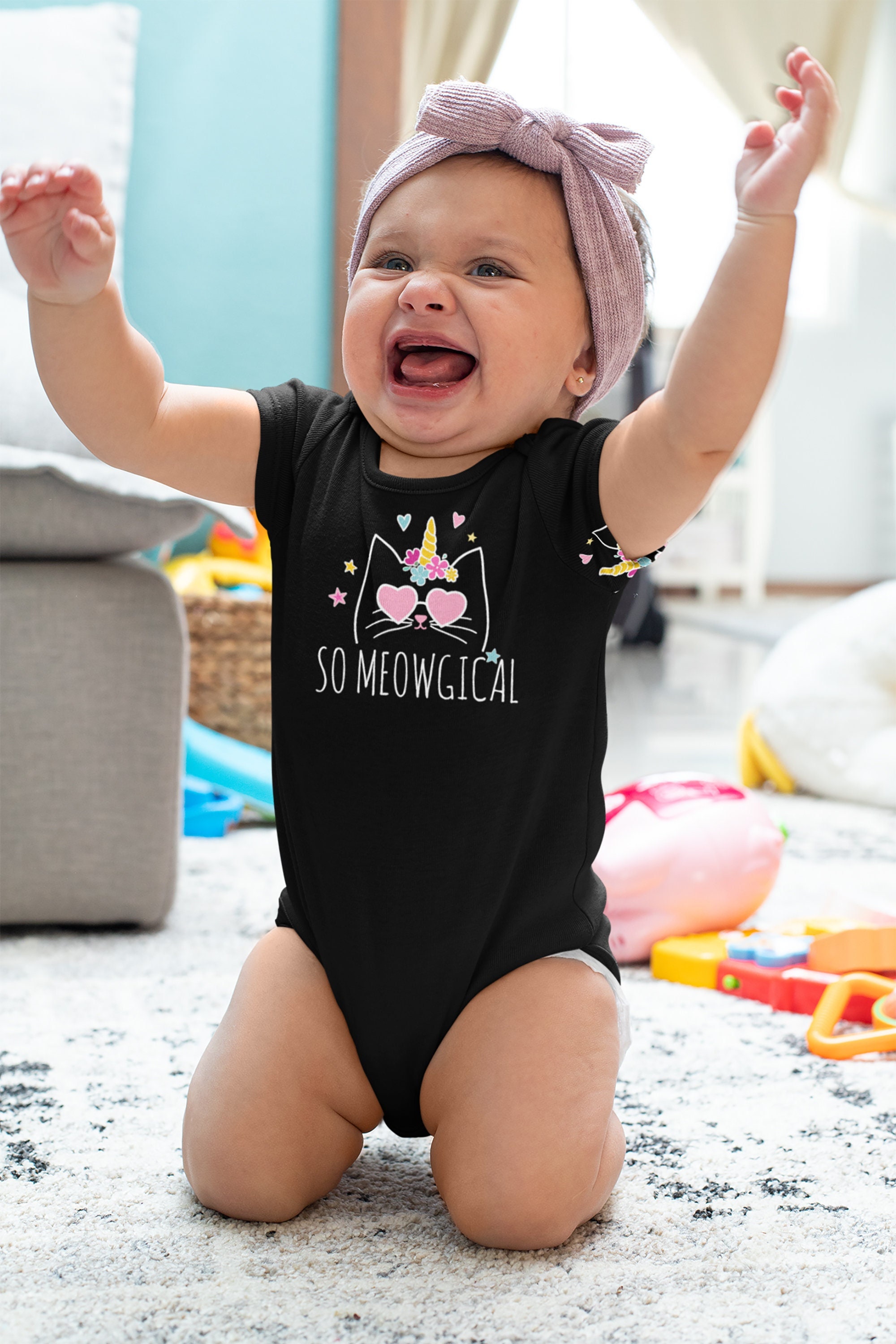 TATY Kids Baby Bodysuit – Silly Blue Cat & Crow Long Sleeve Onesie, 100% Ring-Spun Cotton, Printed In USA