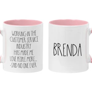 Personalized Customer Service Coffee Mug, CSR Gift, Retail Associate Gift, I Hate People, Funny Server Quotes, Funny Work Mugs Pink/White