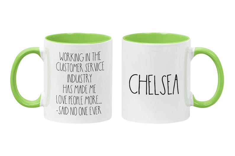 Personalized Customer Service Coffee Mug, CSR Gift, Retail Associate Gift, I Hate People, Funny Server Quotes, Funny Work Mugs Lime Green/White