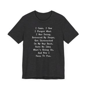 May include: Dark gray t-shirt with the text "I Came, I Saw, I Forgot What I Was Doing, Retraced My Steps, Got Distracted On My Way Back, Have No Idea What's Going On, And Now I Have To Pee." in white, a humorous statement.