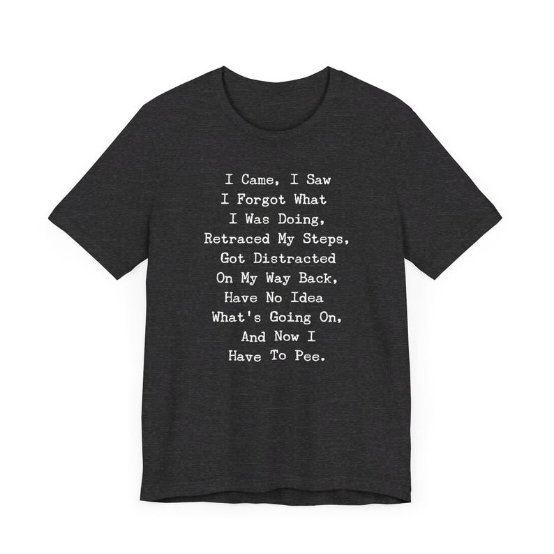 May include: Dark gray t-shirt with the text "I Came, I Saw, I Forgot What I Was Doing, Retraced My Steps, Got Distracted On My Way Back, Have No Idea What's Going On, And Now I Have To Pee." in white, a humorous statement.