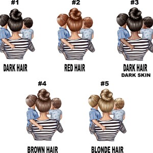 Puede incluir: Ilustraci&oacute;n de una madre con dos hijos. La madre tiene el pelo casta&ntilde;o y lleva una camisa a rayas. Los ni&ntilde;os llevan camisas azules. Hay cinco variaciones diferentes de la imagen, cada una con un color de pelo diferente para la madre: pelo oscuro, pelo rojo, pelo casta&ntilde;o, pelo rubio y pelo oscuro con piel oscura.