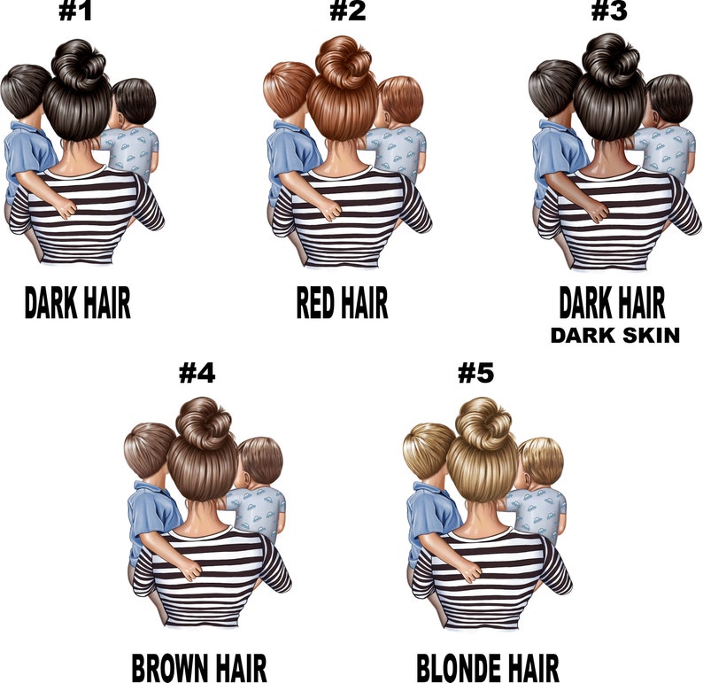 Puede incluir: Ilustraci&oacute;n de una madre con dos hijos. La madre tiene el pelo casta&ntilde;o y lleva una camisa a rayas. Los ni&ntilde;os llevan camisas azules. Hay cinco variaciones diferentes de la imagen, cada una con un color de pelo diferente para la madre: pelo oscuro, pelo rojo, pelo casta&ntilde;o, pelo rubio y pelo oscuro con piel oscura.