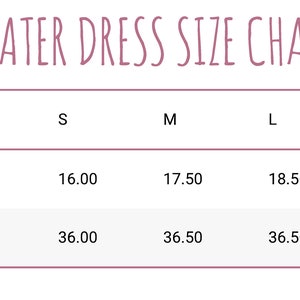 May include: A skater dress size chart with the title SKATER DRESS SIZE CHART. The table lists sizes XS through 2XL with corresponding chest width and length measurements in inches. The chest width ranges from 15.00 to 22.50 inches and length from 35.00 to 37.00 inches.