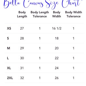 Puede incluir: Tabla de tallas Bella Canvas con medidas para XS a 3XL en pulgadas. La tabla muestra la longitud del cuerpo, la tolerancia de longitud del cuerpo, el ancho del cuerpo y la tolerancia de ancho del cuerpo.