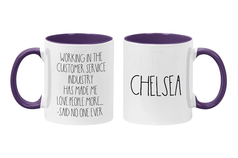 Personalized Customer Service Coffee Mug, CSR Gift, Retail Associate Gift, I Hate People, Funny Server Quotes, Funny Work Mugs Purple/White