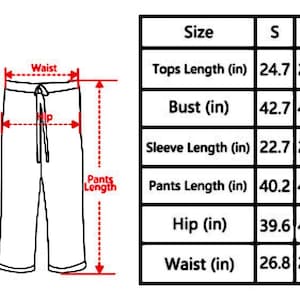May include: Diagram of a pajama set with measurements in inches. The diagram shows the tops, pants, and size chart with measurements for tops length, bust, sleeve length, pants length, hip, and waist for sizes S to 5XL.