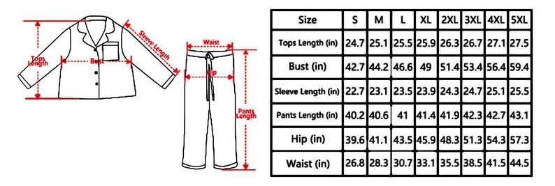 May include: Diagram of a pajama set with measurements in inches. The diagram shows the tops, pants, and size chart with measurements for tops length, bust, sleeve length, pants length, hip, and waist for sizes S to 5XL.