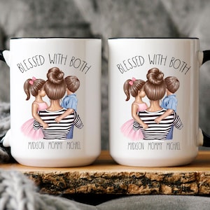Personalized Mother&#39;s Day Gift, Blessed with Both Mug, Mom of One Girl and One Boy, Watercolor Mother of Two, Custom Birthday Gift for Her