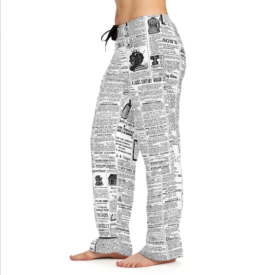 Original Design Newspaper Print Pajama Pants for Women, Black and