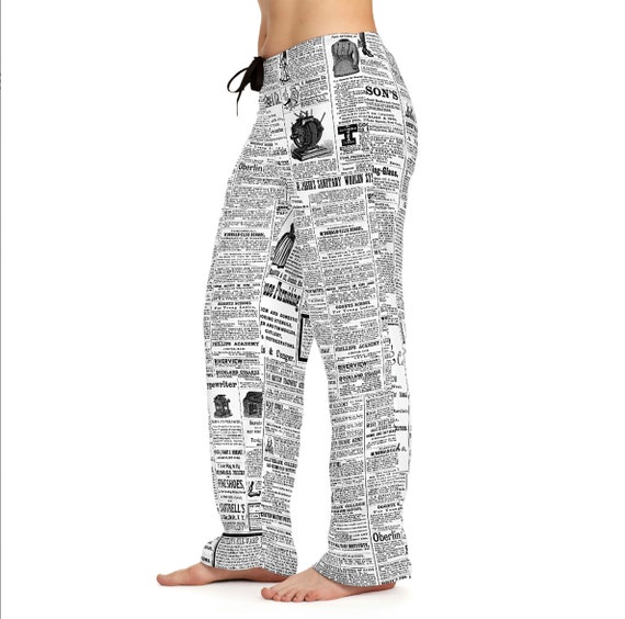 Original Design Newspaper Print Pajama Pants for Women, Black and