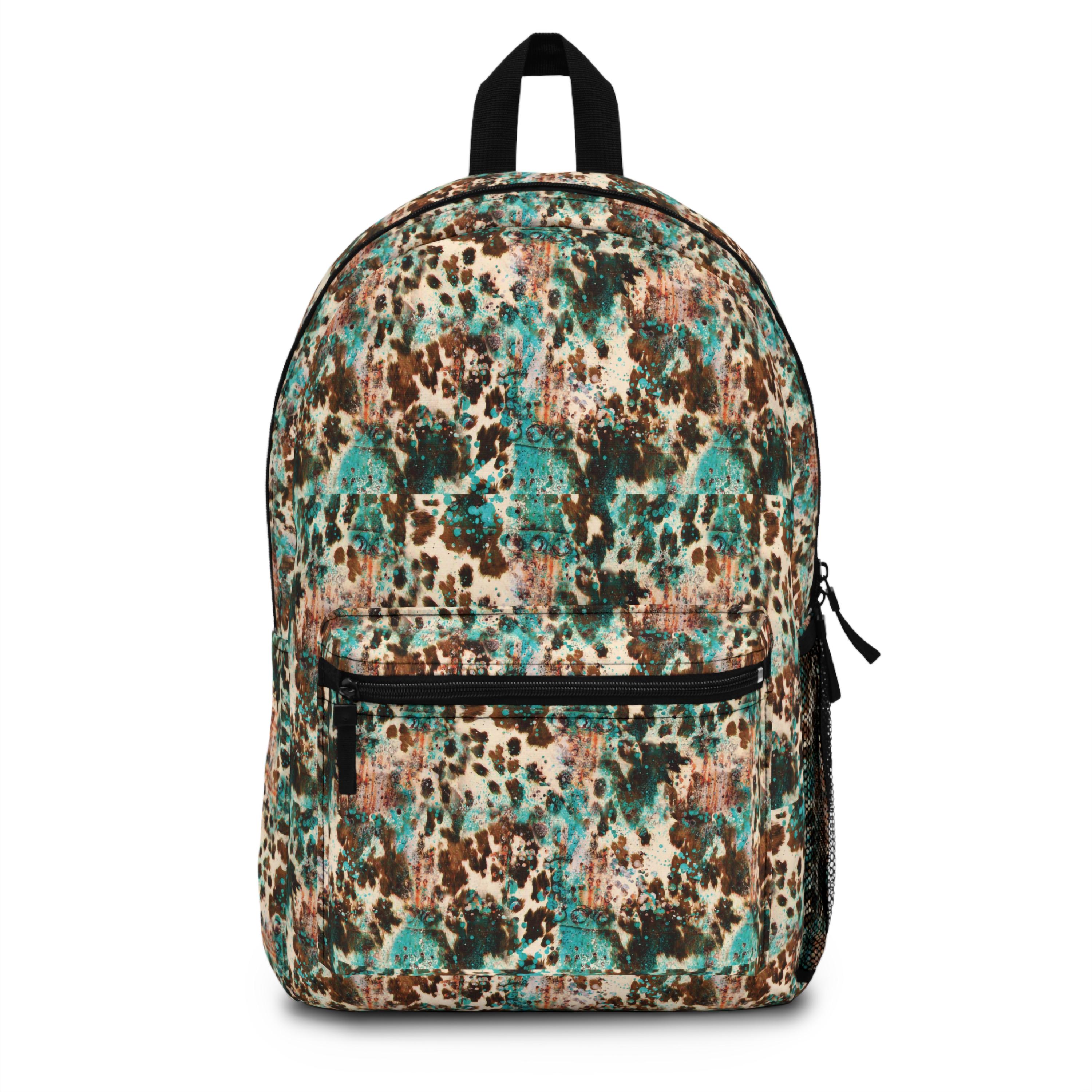 Turquoise Speckled Cowhide Backpack | Western Boho Boutique Bag Natural Cowhide Rucksack Backpack Hand Tooled Leather Floral  main image 2