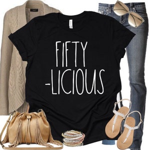 50th Birthday Tee, Fifty-Licious, Super Soft, Unisex BELLA CANVAS T-Shirt, Minimalist, Cute Gift for Her, 50 Years Old, Born in 1975