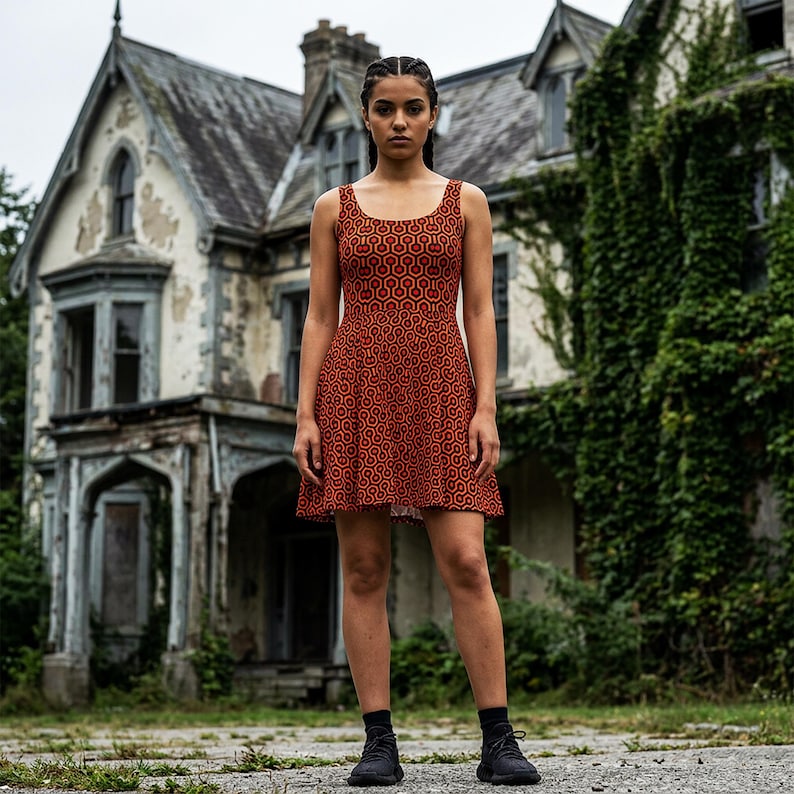 May include: A sleeveless skater dress featuring a repeating orange and black geometric hexagonal pattern. The dress has a scoop neckline and a fitted bodice that flares out at the waist into a short, circular skirt, paired with black sneakers.