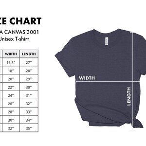 May include: Size chart for a Bella Canvas 3001 unisex t-shirt. The chart shows the width and length in inches for sizes XS to 5XL.