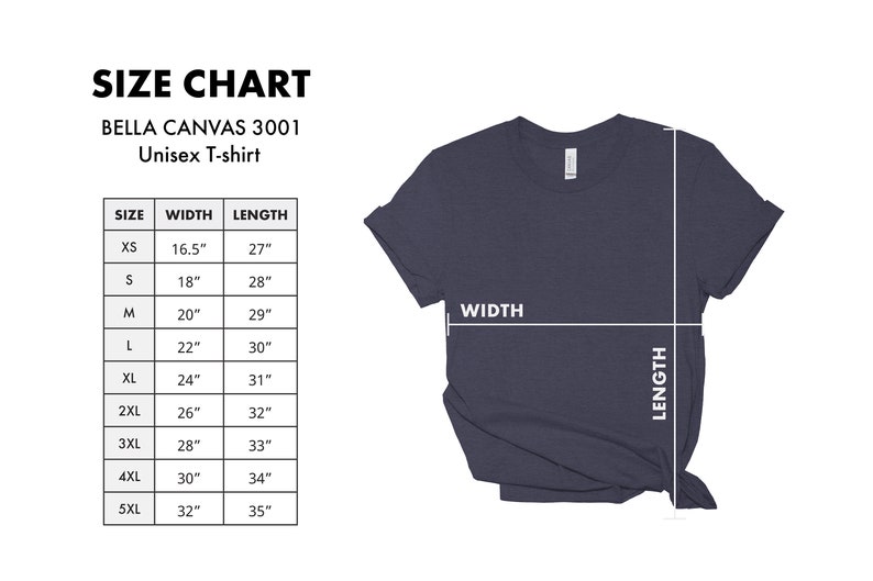 May include: Size chart for a Bella Canvas 3001 unisex t-shirt. The chart shows the width and length in inches for sizes XS to 5XL.