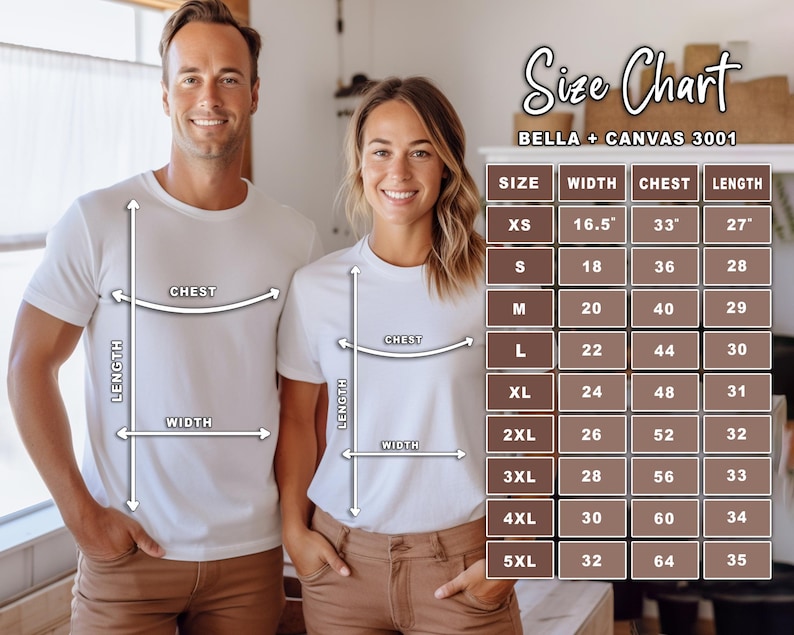 May include: A size chart for Bella + Canvas 3001 t-shirts, with measurements in inches. The chart includes sizes XS to 5XL, detailing width, chest, and length. Two people wearing white t-shirts are shown, with arrows indicating chest, width, and length.