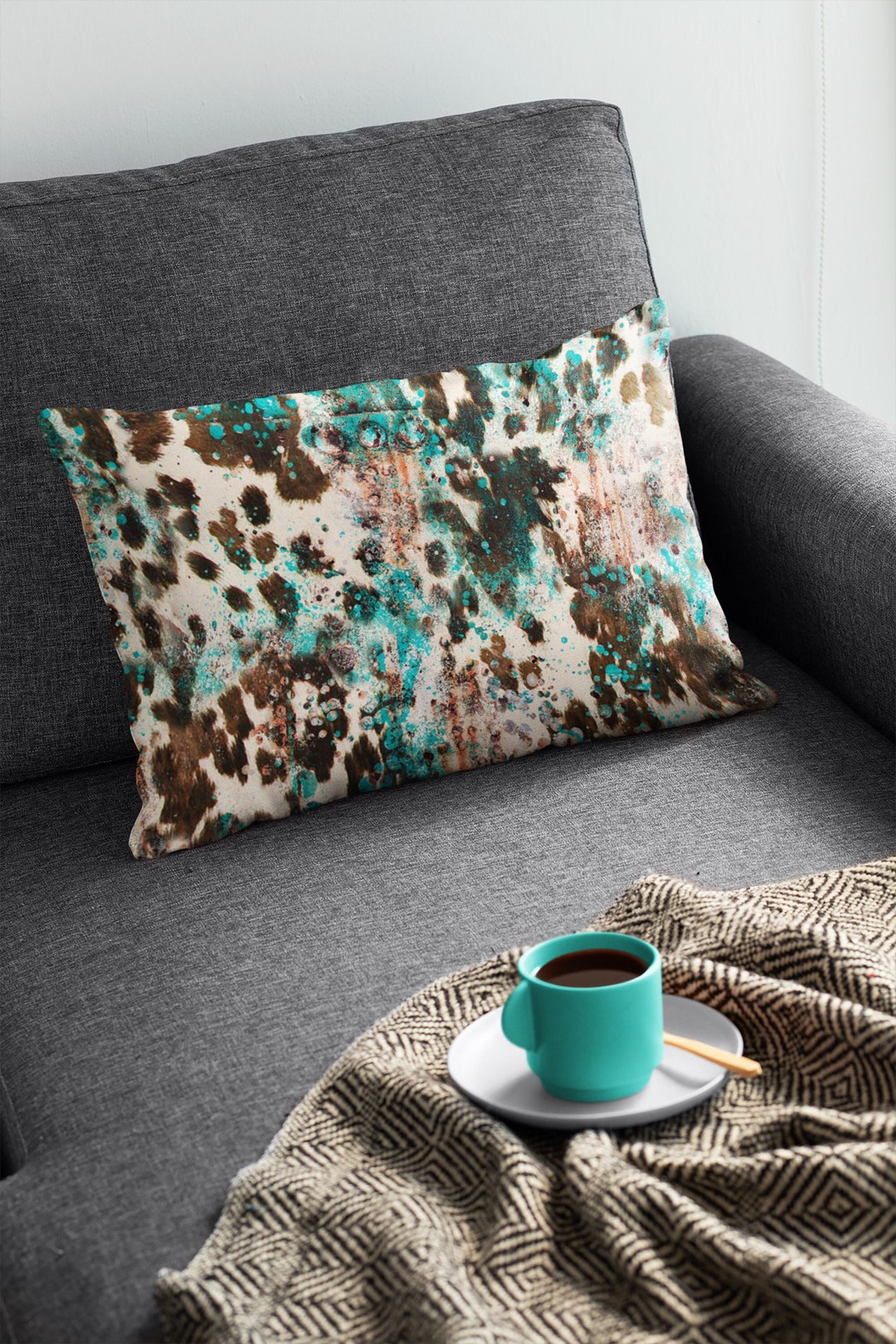 Southwestern Rustic Lumbar Pillow With Insert, Cowhide Print, Western