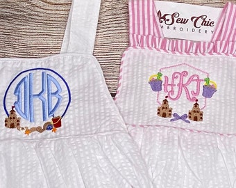 Baby Girl or Boy Sandcastle Seersucker Romper, Sibling Sets, Personalized Outfits