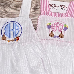 Baby Girl or Boy Sandcastle Seersucker Romper, Matching Sibling Outfits, Personalized Outfits