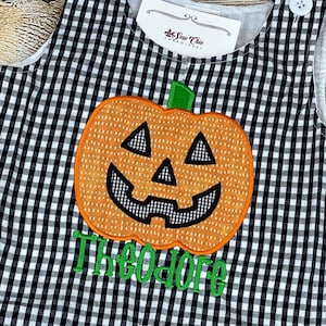 Baby Boy Fall Romper, Personalized Halloween Jack-O-Lantern Outfit, Baby Black Gingham Boy Overalls