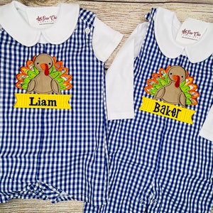 Baby Boy Fall Romper with Turkey, Boy Thanksgiving outfit, Baby Boy Overalls or Tee