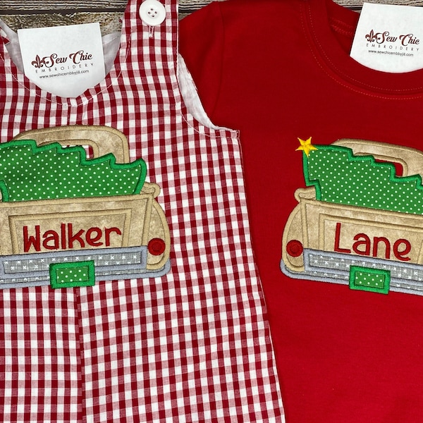 Baby Boy Christmas Romper, Truck with Christmas Tree Outfit, Boy Christmas Outfit, Baby Boy Overalls