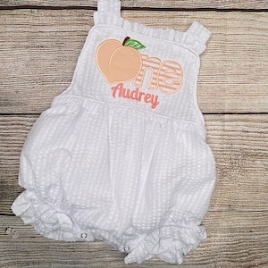 Baby Girl ONE Peach,  1st Birthday Romper, Number Applique Embroidery Outfit