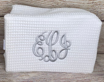 Personalized Waffle Weave Cosmetic Bag, Bridal Bag, Custom Embroidery