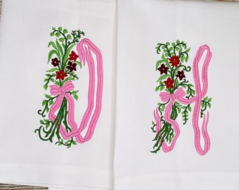 Floral Bow Monogram Tea Towels, Embroidery