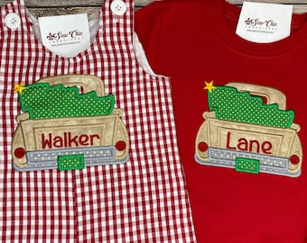 Baby Boy Christmas Romper, Truck with Christmas Tree Outfit, Boy Christmas Outfit, Baby Boy Overalls