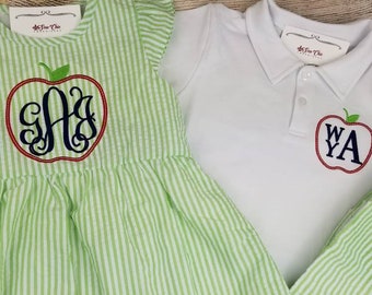 Apple Monogram Seersucker Outfits, Back to School Outfits, Sibling Sets