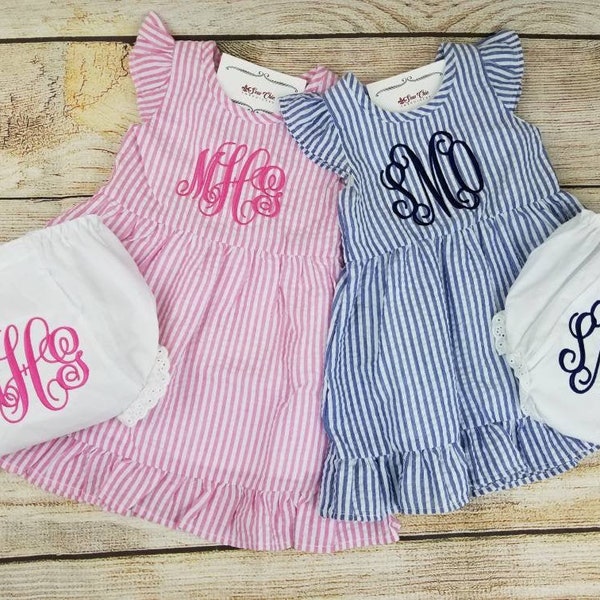 Baby Girl Seersucker Dress and Bloomer Set, Personalized Outfit