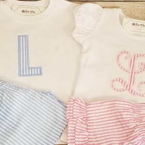 Sibling Seersucker Applique Monogram Outfits,  Boy and Girl Twin Outfits, Custom Embroidery