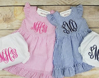 Baby Girl Seersucker Dress and Bloomer Set, Personalized Outfit