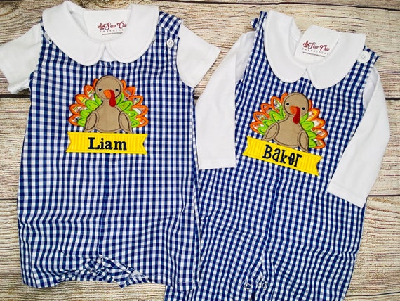 Baby Boy Thanksgiving Turkey Romper: Navy Gingham Fall Outfit
