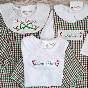 Christmas Sibling Set, Boy Candy Cane Outfit, Girl Candy Cane Dress or Romper, Red-Green-White Gingham Check