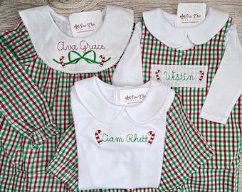 Christmas Sibling Set, Boy Candy Cane Outfit, Girl Candy Cane Dress or Romper, Red-Green-White Gingham Check