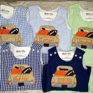 Baby Boy Fall Romper, Fall Truck with Pumpkin and Football Outfit, Boy Thanksgiving outfit, Baby Boy Overalls